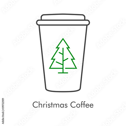 Tiempo de navidad. Vaso de café. Logotipo lineal con vaso de plastico con tapa con árbol de navidad en gris y verde