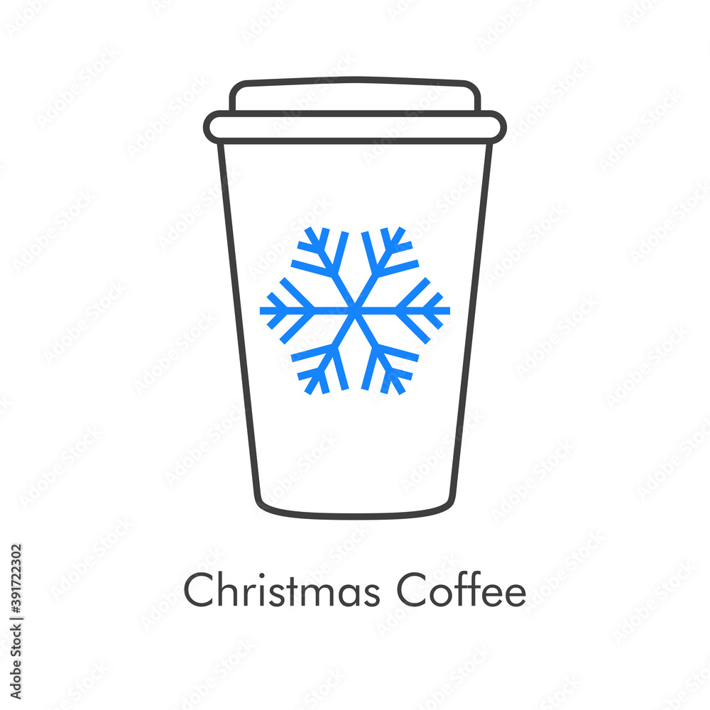 Tiempo de navidad. Vaso de café. Logotipo lineal con vaso de plastico con tapa con copo de nieve en azul y gris Tiempo de navidad. Vaso de café. Logotipo lineal con vaso de plastico con tapa con copo de nieve en azul y gris