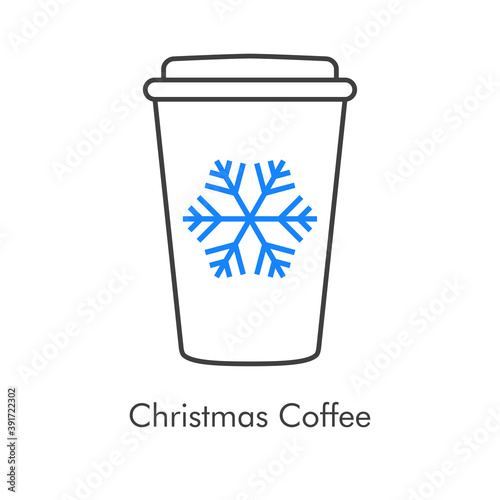 Tiempo de navidad. Vaso de café. Logotipo lineal con vaso de plastico con tapa con copo de nieve en azul y gris