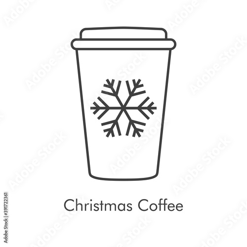 Tiempo de navidad. Vaso de café. Logotipo lineal con vaso de plastico con tapa con copo de nieve de color gris
