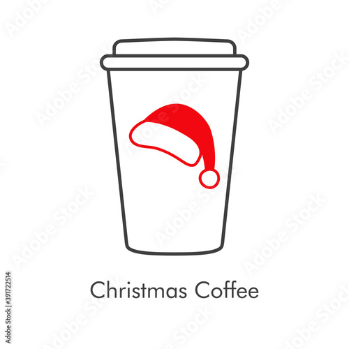 Tiempo de navidad. Vaso de café. Logotipo lineal con vaso de plastico con tapa con gorro de Papá Noel en rojo y gris