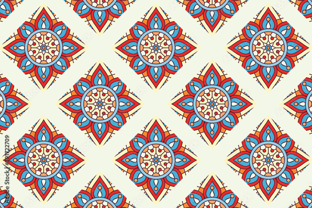 abstract blue and red mandala pattern dreamy vintage circular pattern ornament on light cream.