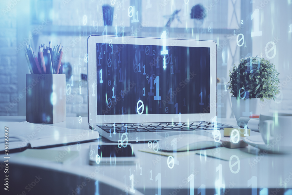 Multi exposure of desktop computer and technology theme hologram. Concept of software development. Multi exposure of desktop computer and technology theme hologram. Concept of software development.