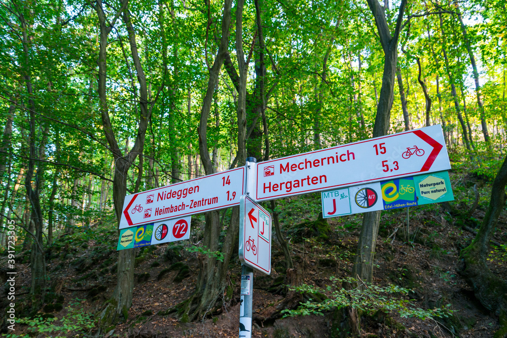 Nature Area Sign Pole, Beaver Reintroduction, Rur River, North Eifel Territory, Eifel Region, Germany, Europe
