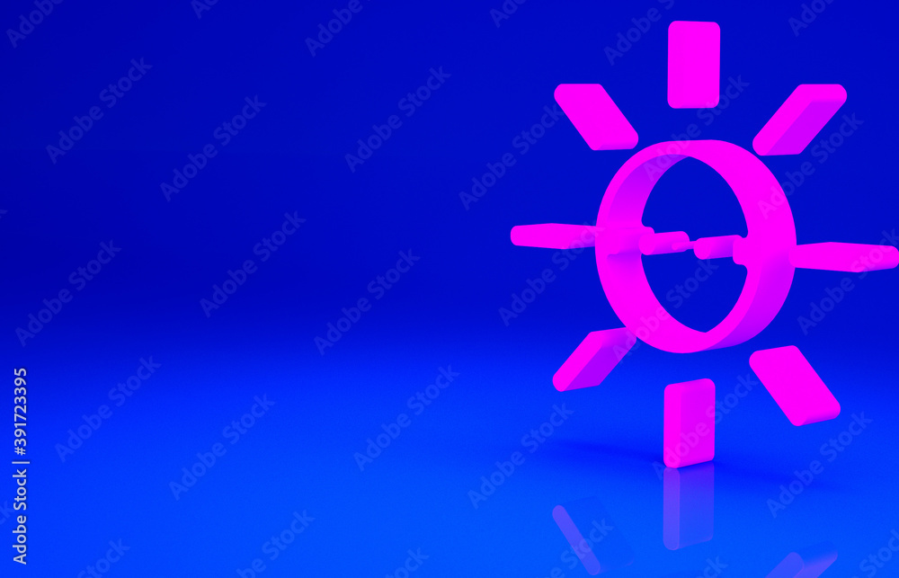 Pink Solar energy panel icon isolated on blue background. Sun with lightning symbol. Minimalism concept. 3d illustration 3D render. Pink Solar energy panel icon isolated on blue background. Sun with lightning symbol. Minimalism concept. 3d illustration 3D render.