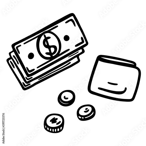 Hand drawn money - banknotes, coins and wallet in doodle style. Cartoon style dollar cash. Black contours isolated on a white background. Vector Stock illustration.