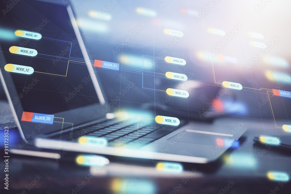 Double exposure of desktop computer and technology theme hologram. Concept of software development.