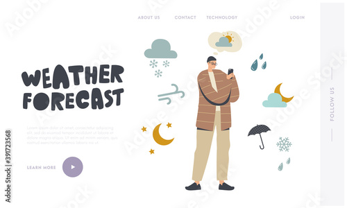 Character Watching Weather Forecast in Mobile App Landing Page Template. Man Using Smartphone Meteorological Application