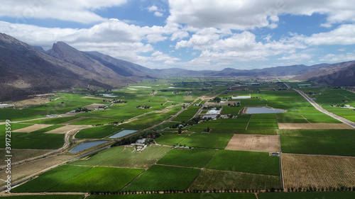 Wide angle views over the Hex River valley in the western cape of south africa, an area known for its table grapes photo