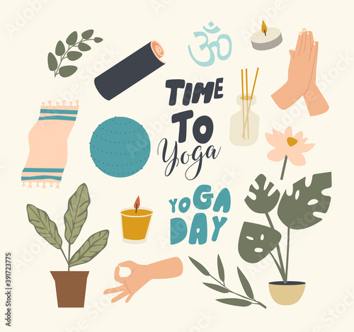 Set of Icons Yoga Theme. Fitball, Mat and Potted Monstera Plant, Burning Candle and Aroma Diffuser with Sticks, Hands