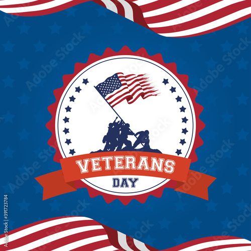 happy veterans day celebration card with soldiers lifting usa flag in seal