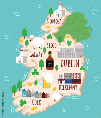 Cartoon map of Ireland. Travel illustration with irish landmarks, buildings, food and plants. Funny tourist infographics. National symbols. Famous attractions. Vector illustration.