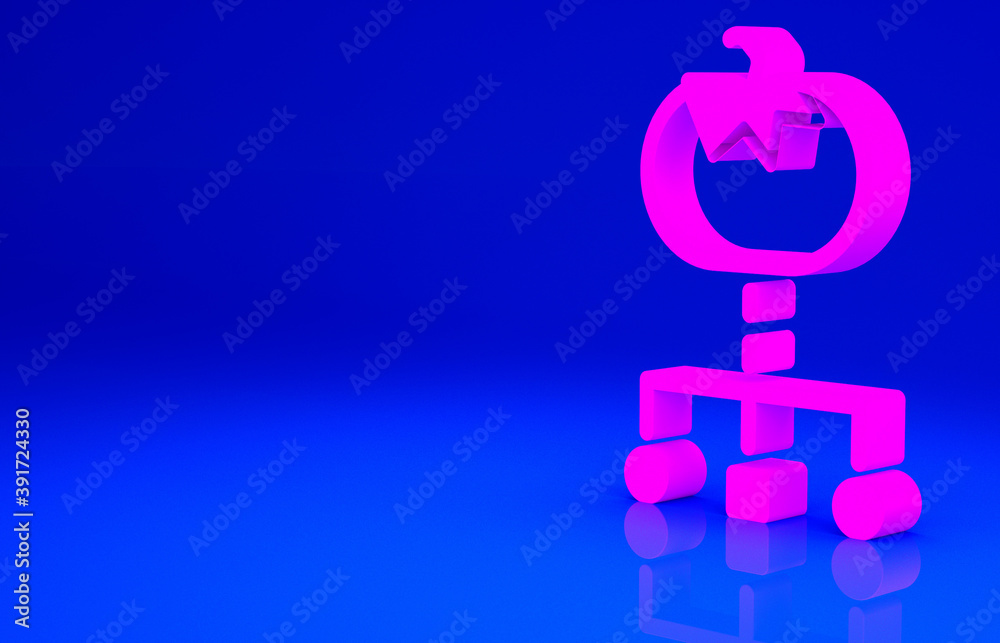 Pink Genetically modified food icon isolated on blue background. GMO fruit. Minimalism concept. 3d illustration 3D render. Pink Genetically modified food icon isolated on blue background. GMO fruit. Minimalism concept. 3d illustration 3D render.