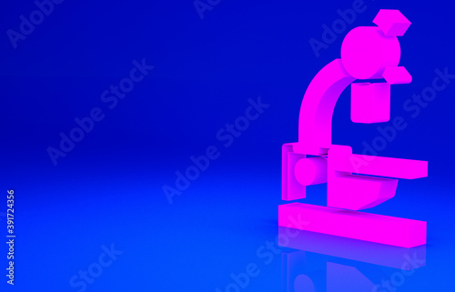 Pink Microscope icon isolated on blue background. Chemistry, pharmaceutical instrument, microbiology magnifying tool. Minimalism concept. 3d illustration 3D render.