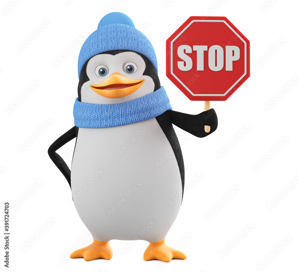 Obraz premium Cartoon character penguin in winter clothes holding a red stop sign on a white background. 3d render illustration.