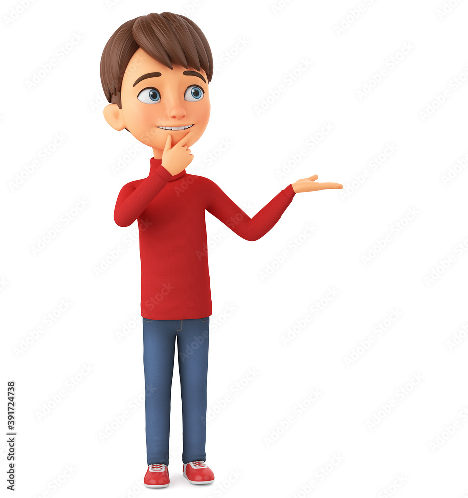 Cartoon character boy in winter clothes dreaming up on a white isolated background. 3d render illustration.
