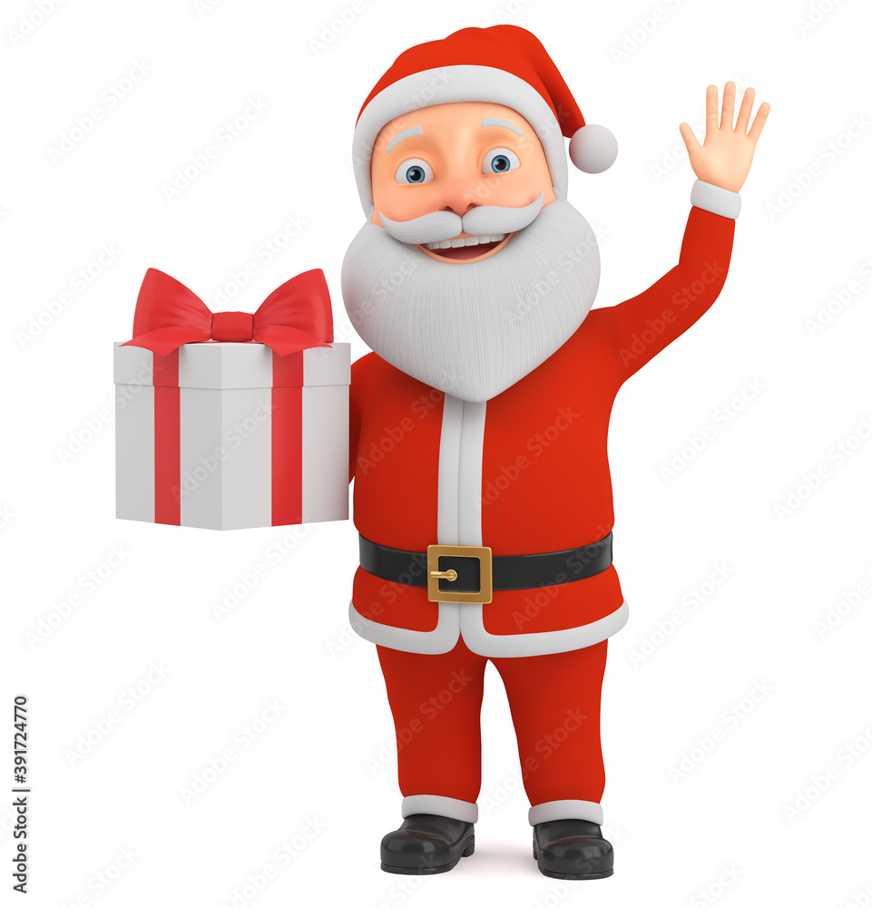 Happy New Year. Holiday illustration cheerful character Santa Claus holding a gift on a white background. 3d render. Happy New Year. Holiday illustration cheerful character Santa Claus holding a gift on a white background. 3d render.