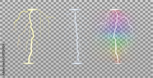 set of colored lightning bolts on transparent background