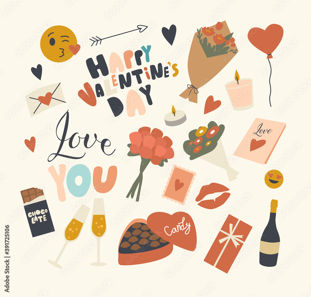 Set of Icons Valentines Day Theme. Flower Bouquet, Amour Bow Arrow and Kissing Smile, Candles, Champagne Bottle, Candies