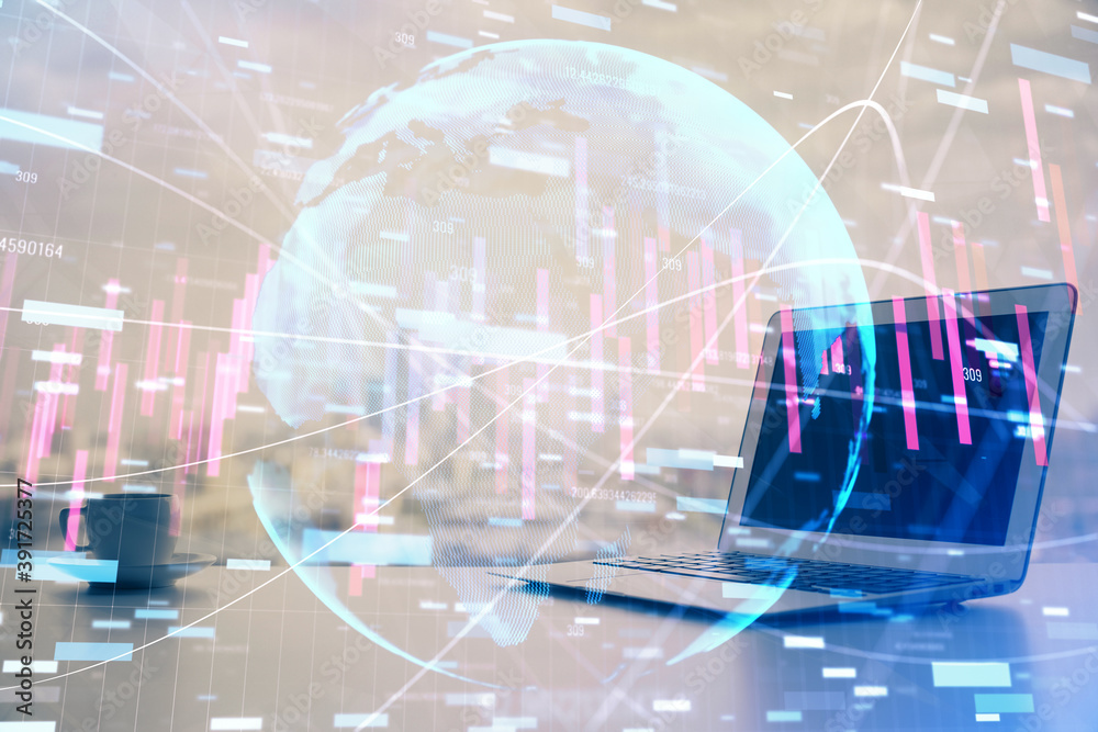 Forex market chart hologram and personal computer background. Double exposure. Concept of investment.