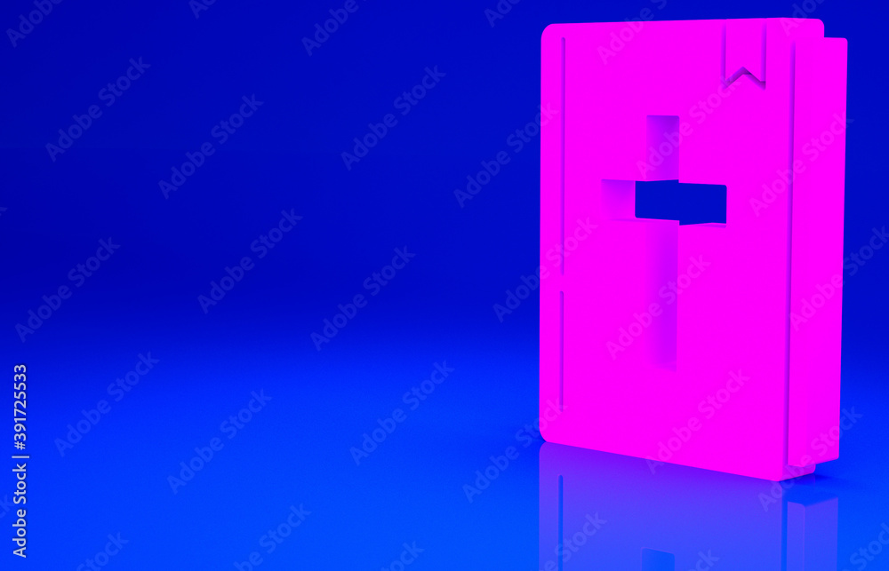 Pink Holy bible book icon isolated on blue background. Minimalism concept. 3d illustration 3D render.