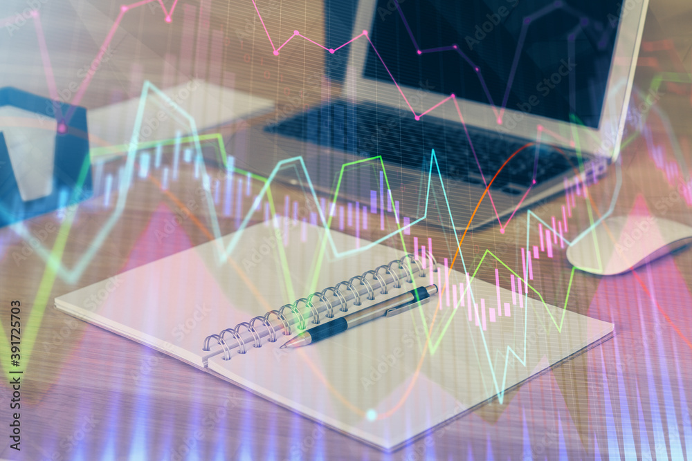 Multi exposure of forex graph and work space with computer. Concept of international online trading. Multi exposure of forex graph and work space with computer. Concept of international online trading.