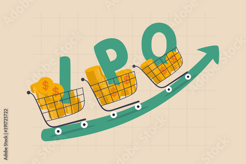 New stock IPO, initial public offering company going public to trade in stock exchange market concept, cart with money coins with the alphabet IPO riding on green rising up trading price graph.