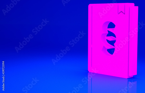 Pink Law book icon isolated on blue background. Legal judge book. Judgment concept. Minimalism concept. 3d illustration 3D render.