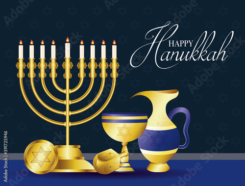 happy hanukkah celebration card with golden chandelier and set icons