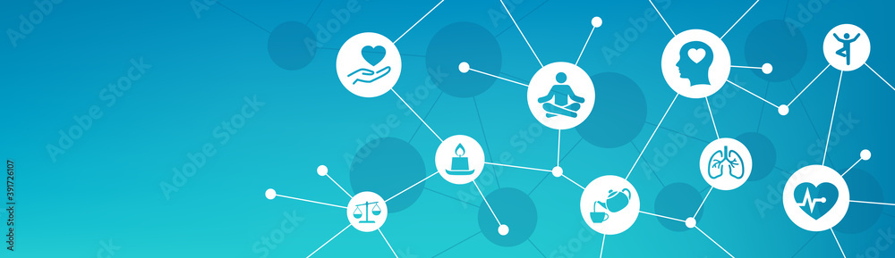 mindfulness vector illustration. Banner wit icons related to mindful living, awareness, relaxation, spirituality or balance of mind. Usable as header image or banner, with copy space. - obrazy, fototapety, plakaty 