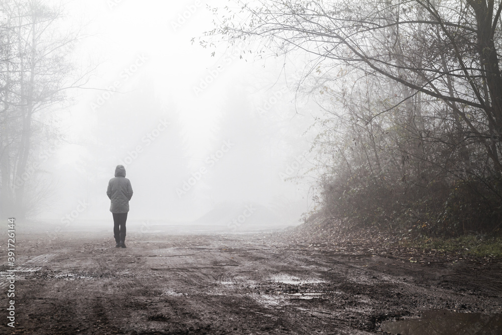 Woman walking in a foggy weather. Mysterious autumn landscape. Woman walking in a foggy weather. Mysterious autumn landscape.