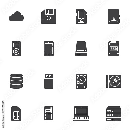 Data storage vector icons set, modern solid symbol collection, filled style pictogram pack. Signs, logo illustration. Set includes icons as cloud computing, ssd, memory stick, database, usb flash