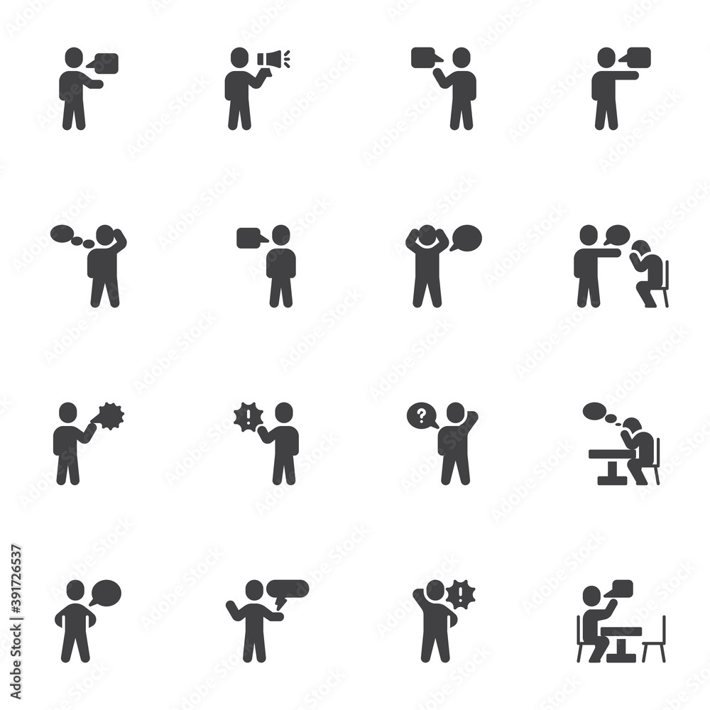 Talking people vector icons set, modern solid symbol collection, filled style pictogram pack. Signs logo illustration. Set includes icons as conversation, communication, people dialogue, speech bubble Talking people vector icons set, modern solid symbol collection, filled style pictogram pack. Signs logo illustration. Set includes icons as conversation, communication, people dialogue, speech bubble