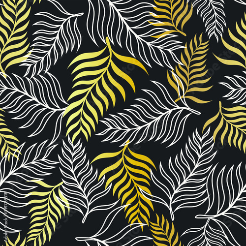 Golden and white leaves pattern on black background/ Seamless vector gold gradient wallpaper with chaotic tropical leaves