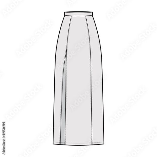 Skirt slit maxi technical fashion illustration with floor ankle lengths silhouette, pencil fullness. Flat bottom template front, grey color style. Women men unisex CAD mockup