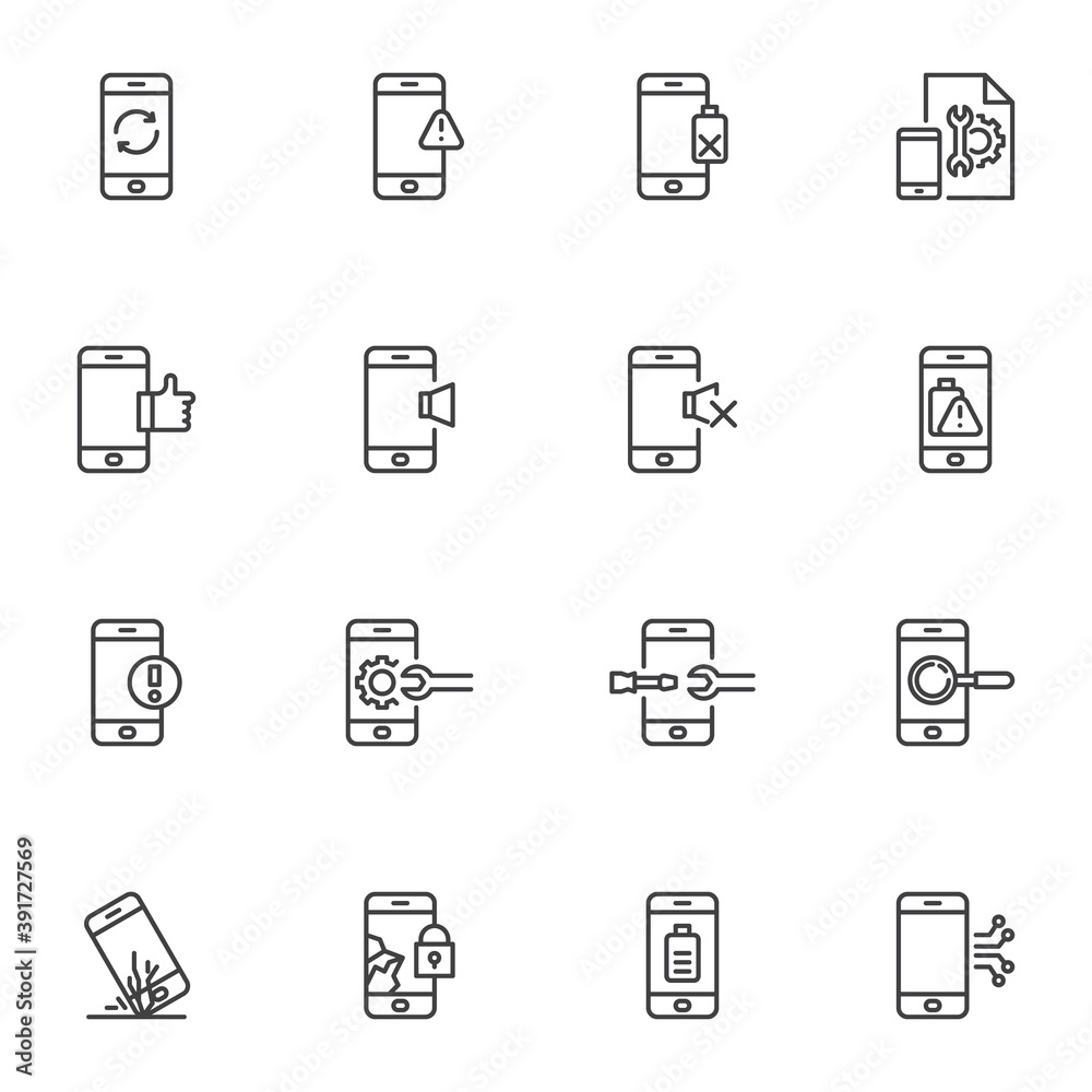 Mobile phone repair service line icons set, outline vector symbol collection, linear style pictogram pack. Signs, logo illustration. Set includes icons as smartphone update, cell phone diagnostic Mobile phone repair service line icons set, outline vector symbol collection, linear style pictogram pack. Signs, logo illustration. Set includes icons as smartphone update, cell phone diagnostic