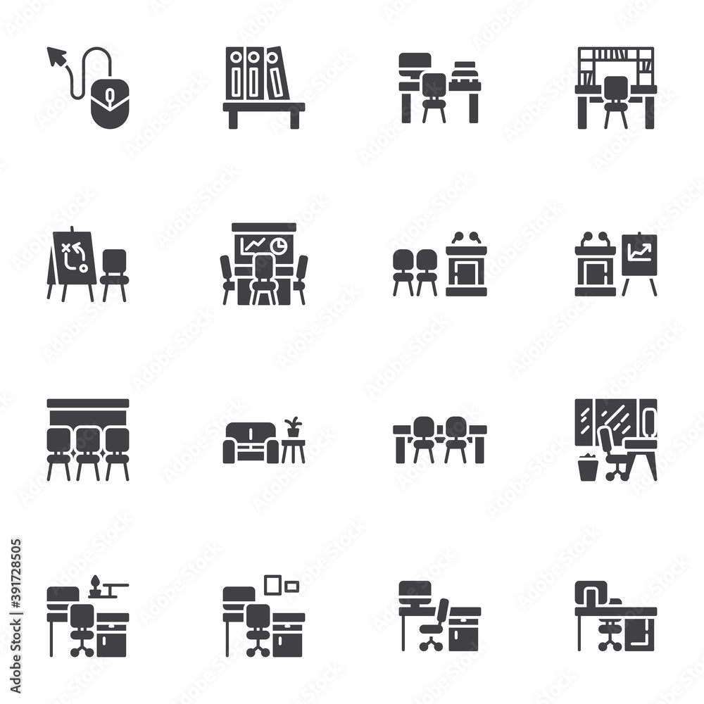 Office workplace vector icons set, modern solid symbol collection, filled style pictogram pack. Signs, logo illustration. Set includes icons as desktop computer, office table with chair, meeting room