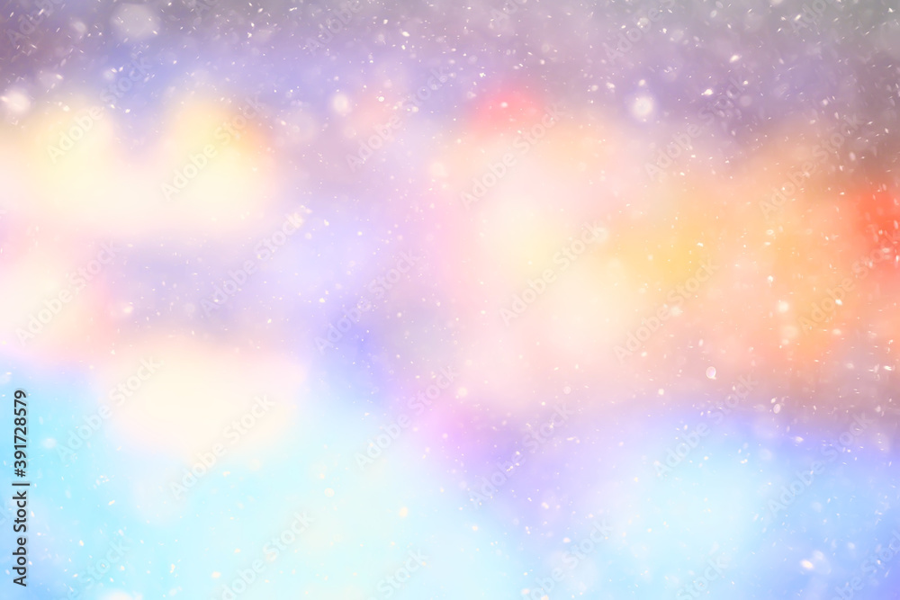 colorful background snow snowfall evening christmas lights, soft light blurry