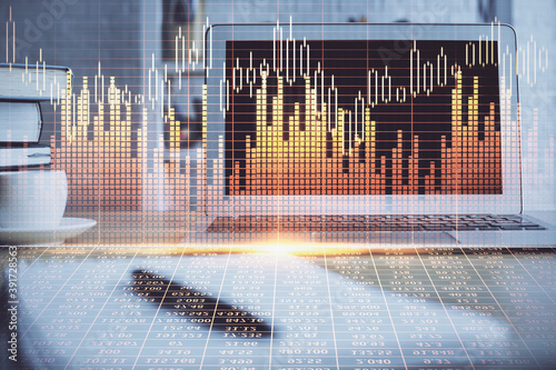 Multi exposure of forex chart and work space with computer. Concept of international online trading. © peshkova