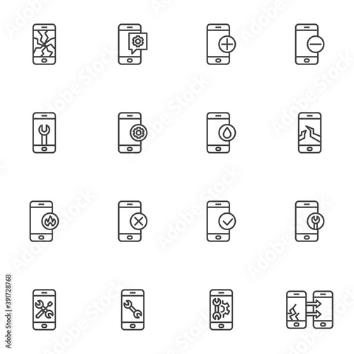 Phone repair service line icons set, outline vector symbol collection, linear style pictogram pack. Signs, logo illustration. Set includes icons as broken smartphone display, mobile phone settings