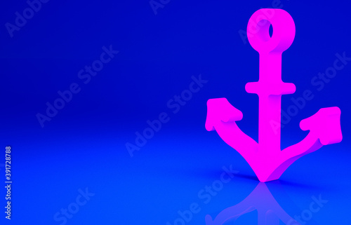 Pink Anchor icon isolated on blue background. Minimalism concept. 3d illustration 3D render.