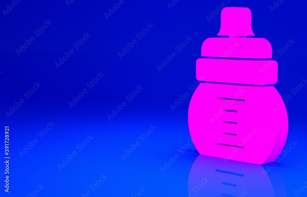 Pink Baby bottle icon isolated on blue background. Feeding bottle icon. Milk bottle sign. Minimalism concept. 3d illustration 3D render.