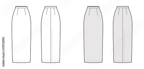 Skirt maxi pencil fullness silhouette technical fashion illustration with back slit  floor ankle lengths. Flat bottom template front  white grey color style. Women men unisex CAD mockup