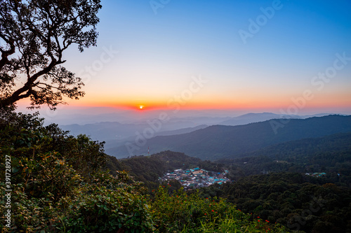 Mountain scenery during the Sunset At Doi Pui Chiang Mai, Thailand.