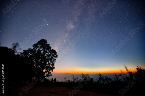 Beautiful natural And  Milky Way Star in the Twilight Time At Doi Pui Chiang Mai, Thailand.