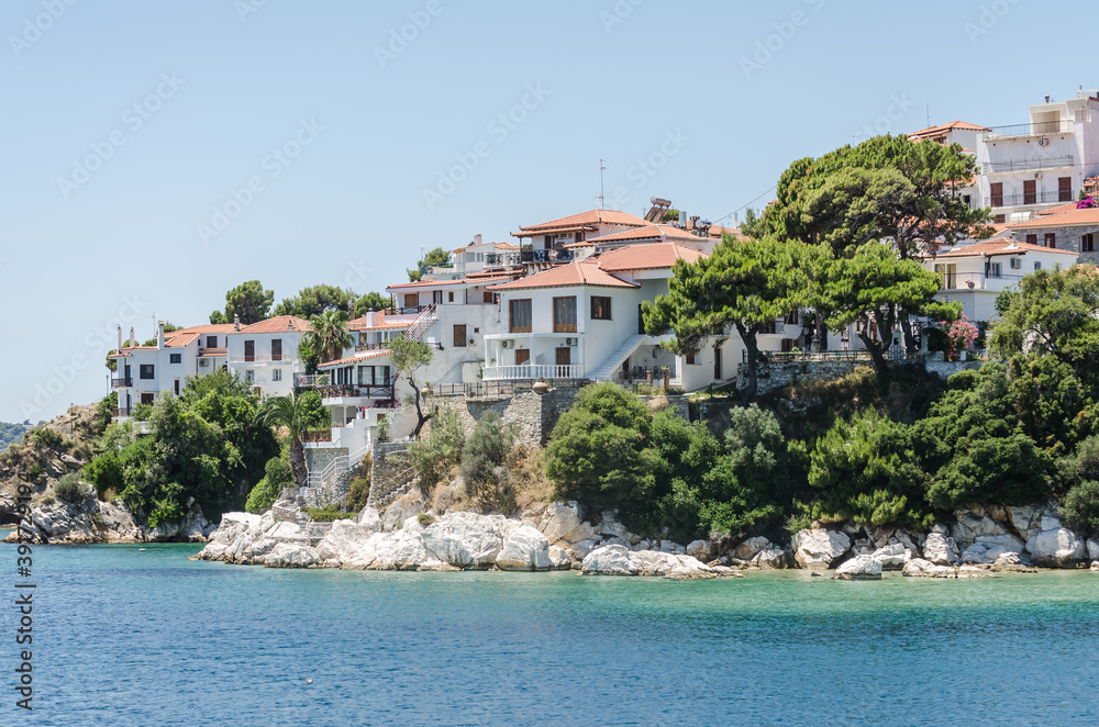 Fototapeta premium Evia island, Greece - June 28. 2020: Panorama of the tourist island of Skiathos in Greece