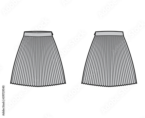 Skirt sunray pleat technical fashion illustration with under-the-knee length silhouette, circular fullness. Flat bottom template front, back, grey color style. Women, men, unisex CAD mockup