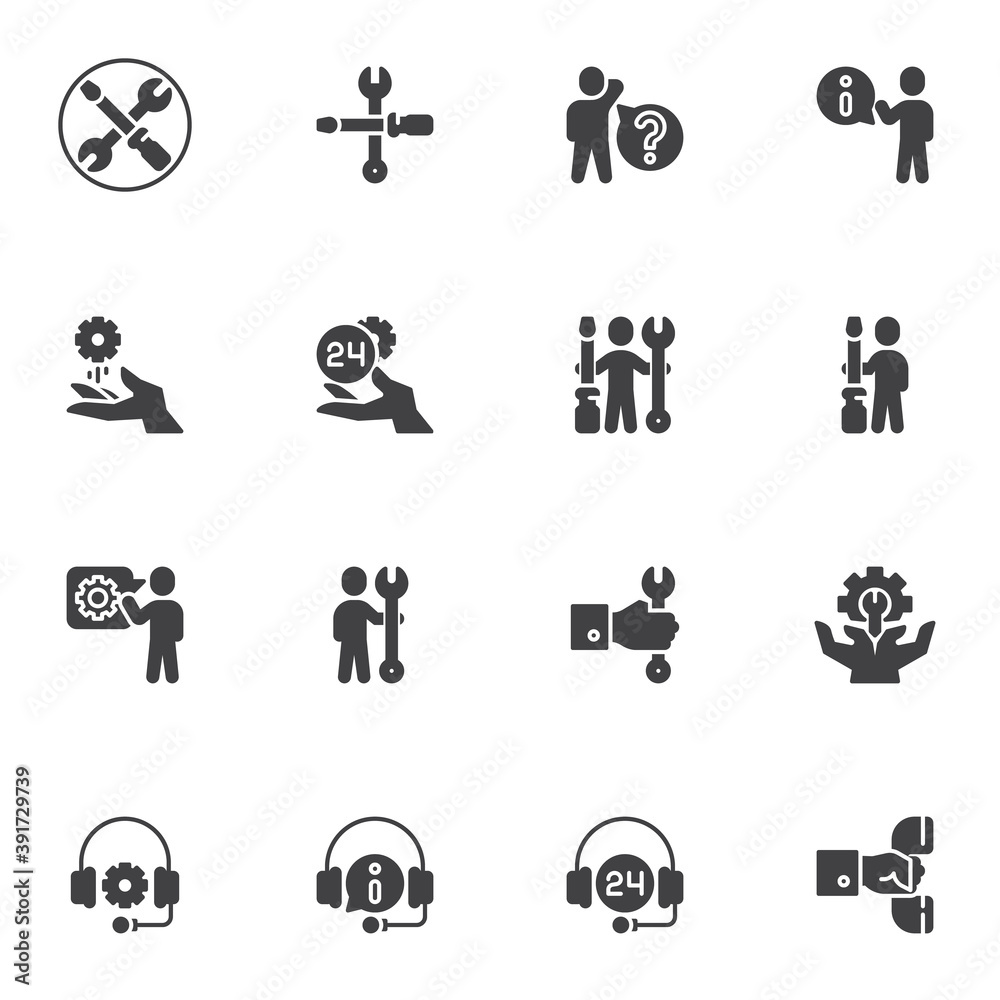 Support, Technical Assistance vector icons set, modern solid symbol collection, filled style pictogram pack. Signs, logo illustration. Set includes icons as operator headset, repair service, faq Support, Technical Assistance vector icons set, modern solid symbol collection, filled style pictogram pack. Signs, logo illustration. Set includes icons as operator headset, repair service, faq