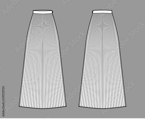 Skirt sunray pleat maxi technical fashion illustration with floor ankle length silhouette, circular fullness. Flat bottom template front, back, white color style. Women, men, unisex CAD mockup