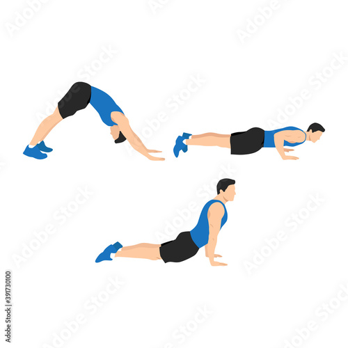 Hindu. Judo push ups. Dive bombers exercise. Flat vector illustration isolated on white background. workout character set